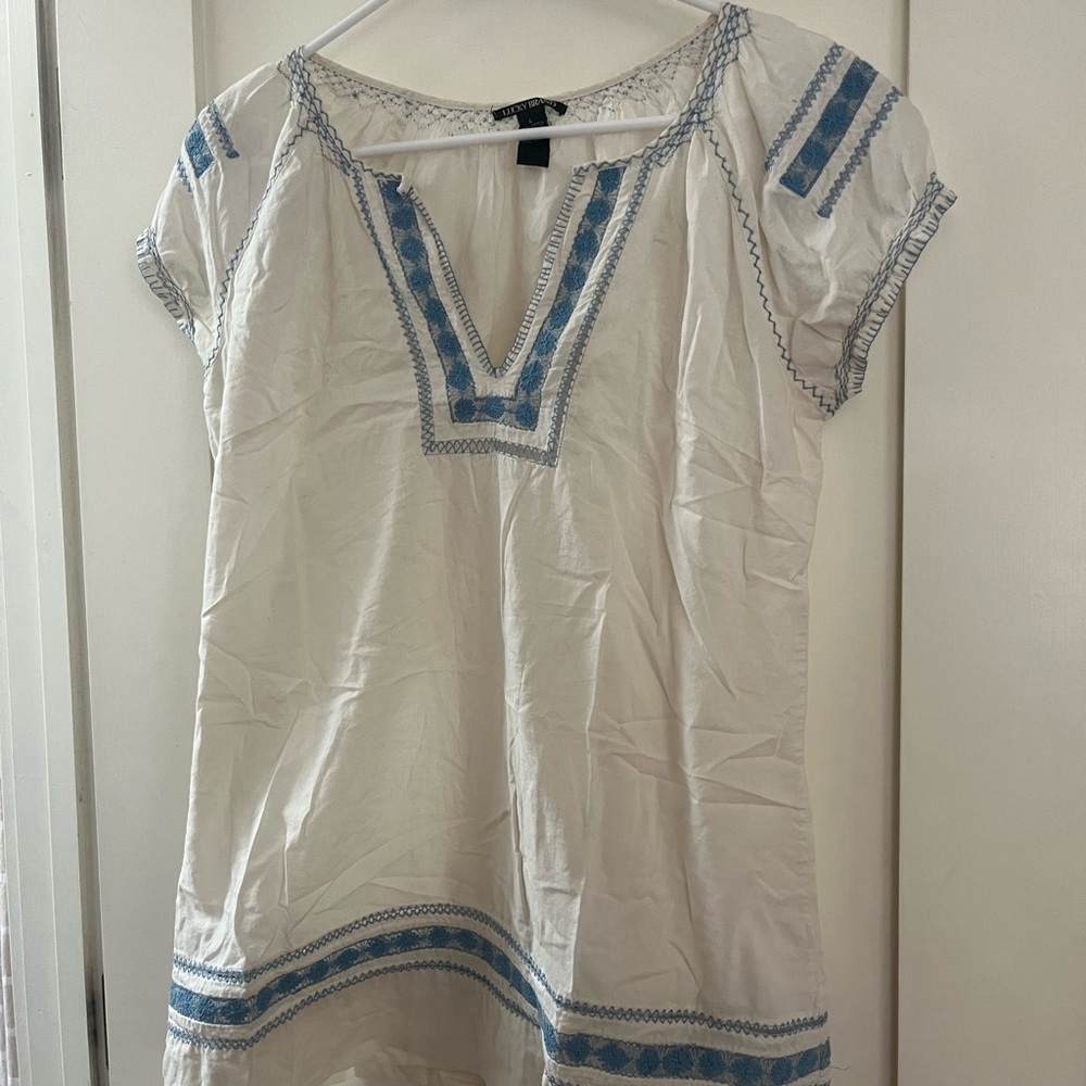 Lucky Brand White Tunic Blouse with Light Blue Embroidery